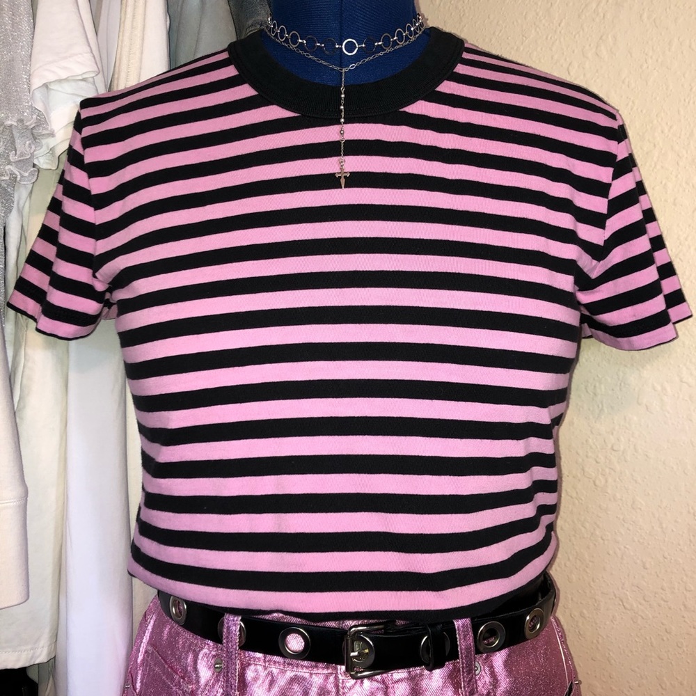 Brandy Melville Pink And black striped t shirt